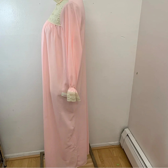Vintage Nylon Long Nightgown Small  Pink  Lace High Neck Ruffle Sleeve Modest - Picture 5 of 12